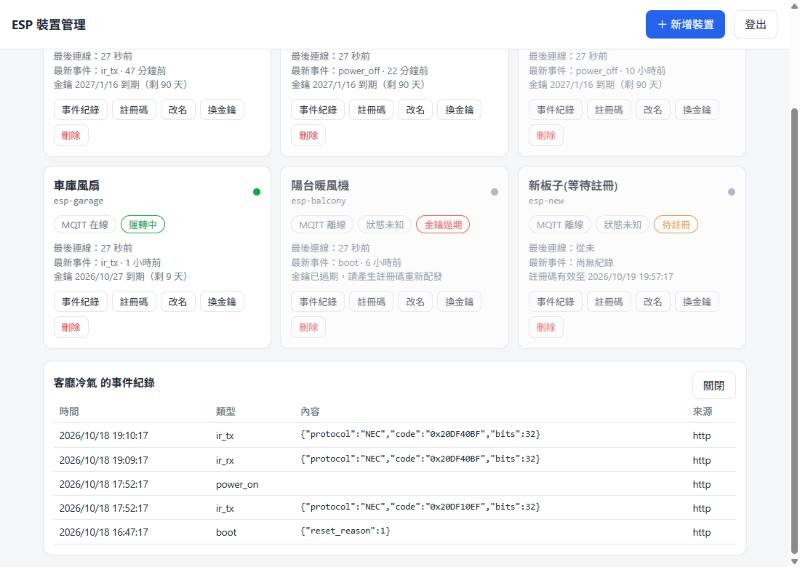 某台裝置的事件紀錄表,列出 ir_tx、ir_rx、power_on、boot